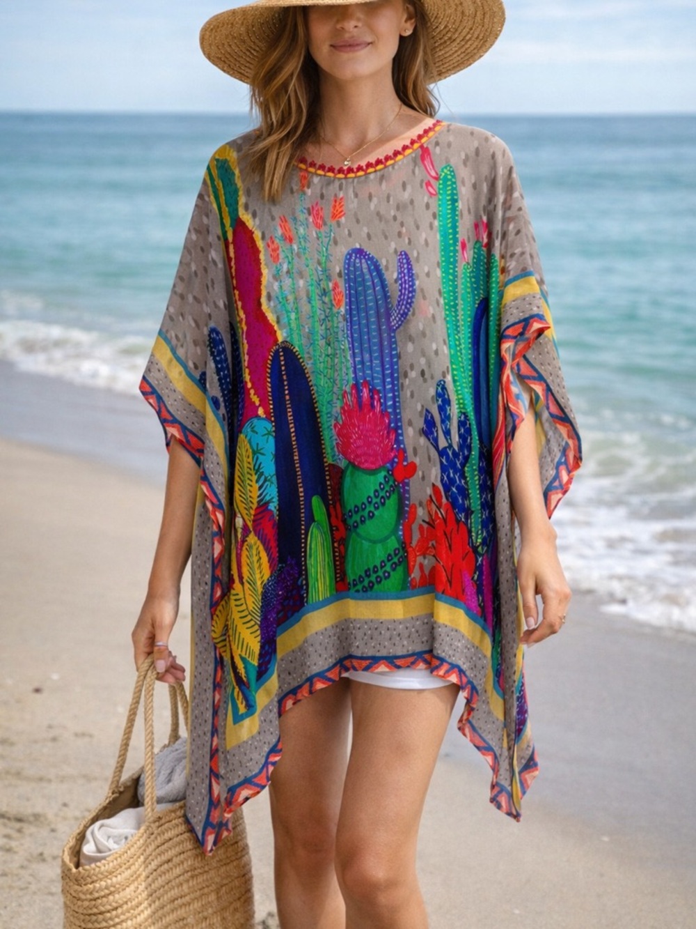 Blink Vibrant Cactus Print Swim Cover Up Boho Resort One Size